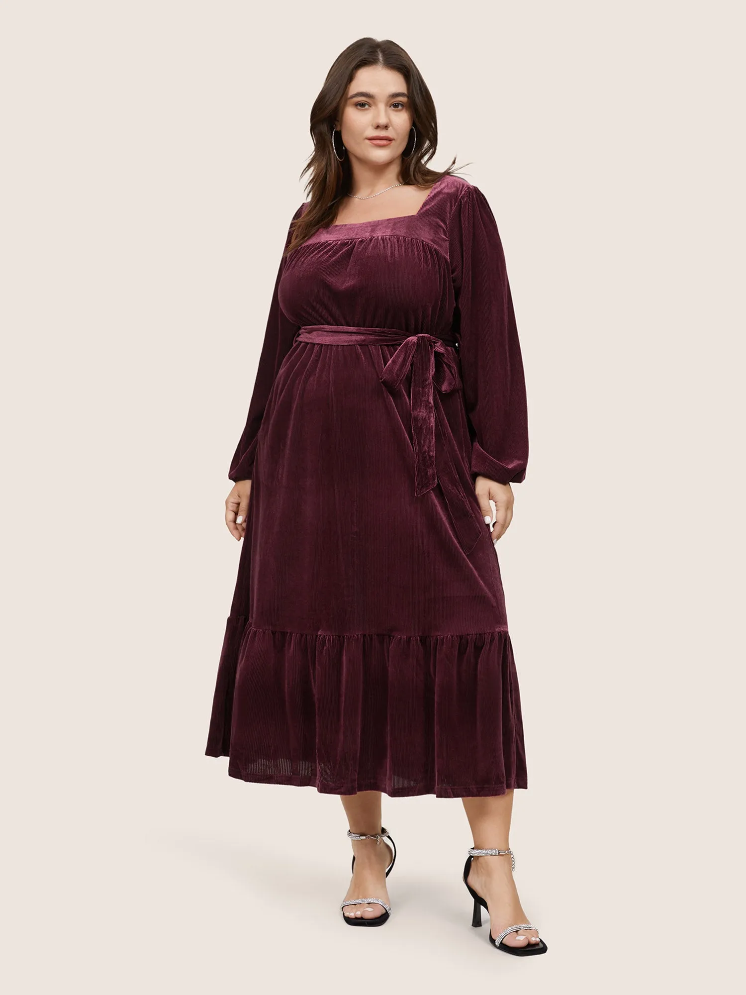 Velvet Belted Square Neck Gathered Dress sold by Bloomchic product image thumbnail 3