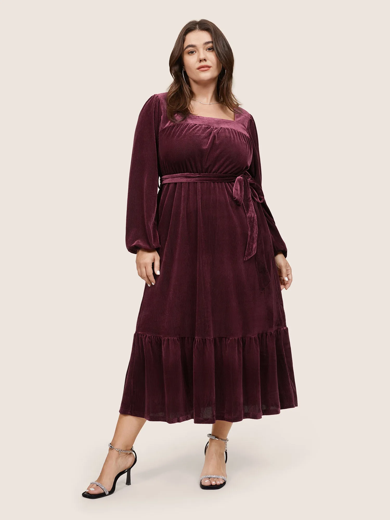 Velvet Belted Square Neck Gathered Dress sold by Bloomchic