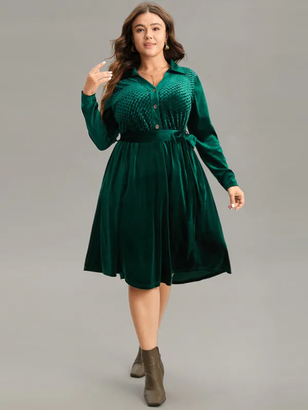Plain Texture Velvet Button Up Belted Dress sold by Bloomchic