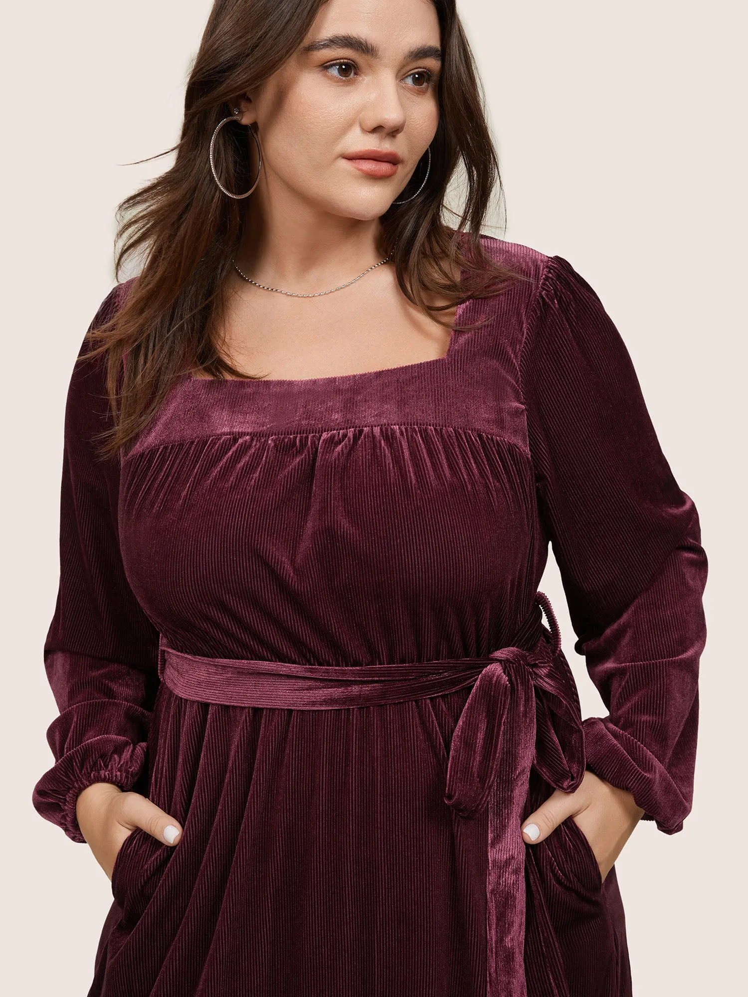 Velvet Belted Square Neck Gathered Dress sold by Bloomchic product image thumbnail 2