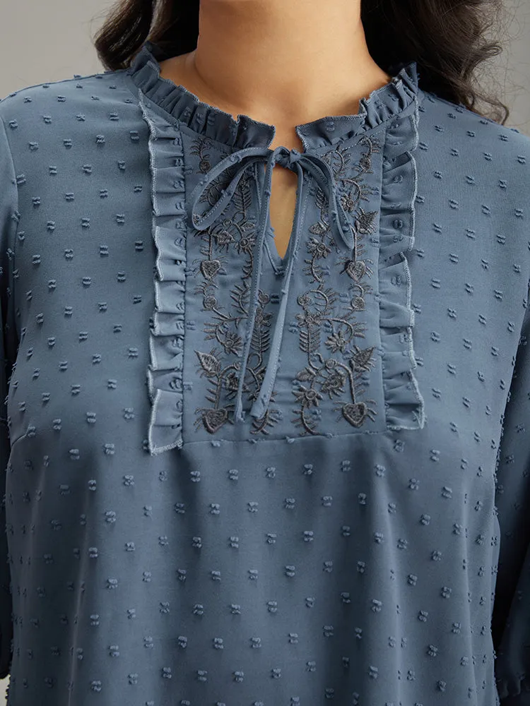 Textured Embroidered Frill Trim Tie Neck Blouse sold by Bloomchic product image thumbnail 5