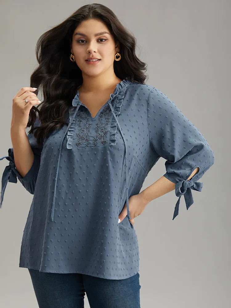 Textured Embroidered Frill Trim Tie Neck Blouse sold by Bloomchic product image thumbnail 3