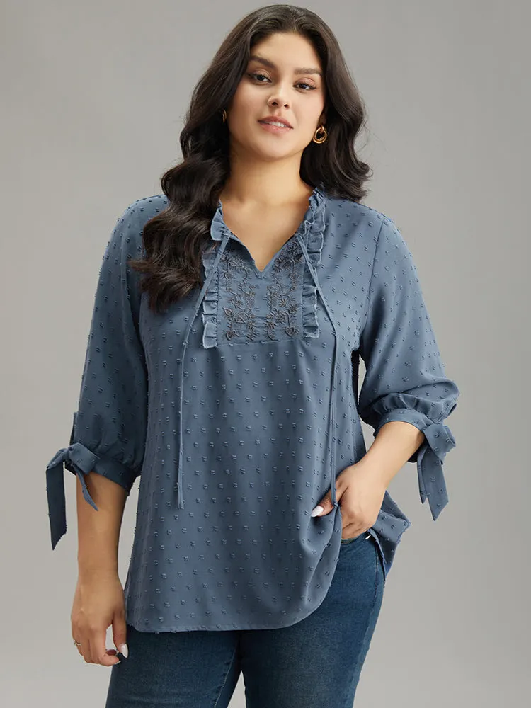 Textured Embroidered Frill Trim Tie Neck Blouse sold by Bloomchic