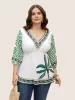 Boho Coconut Tree Print Lantern Sleeve Blouse sold by Bloomchic