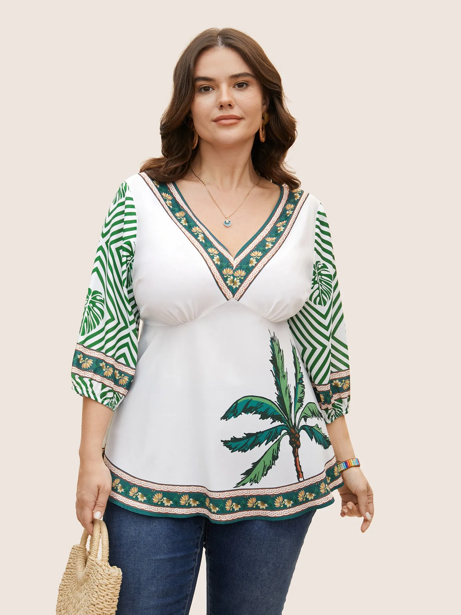 Boho Coconut Tree Print Lantern Sleeve Blouse sold by Bloomchic product image thumbnail 3