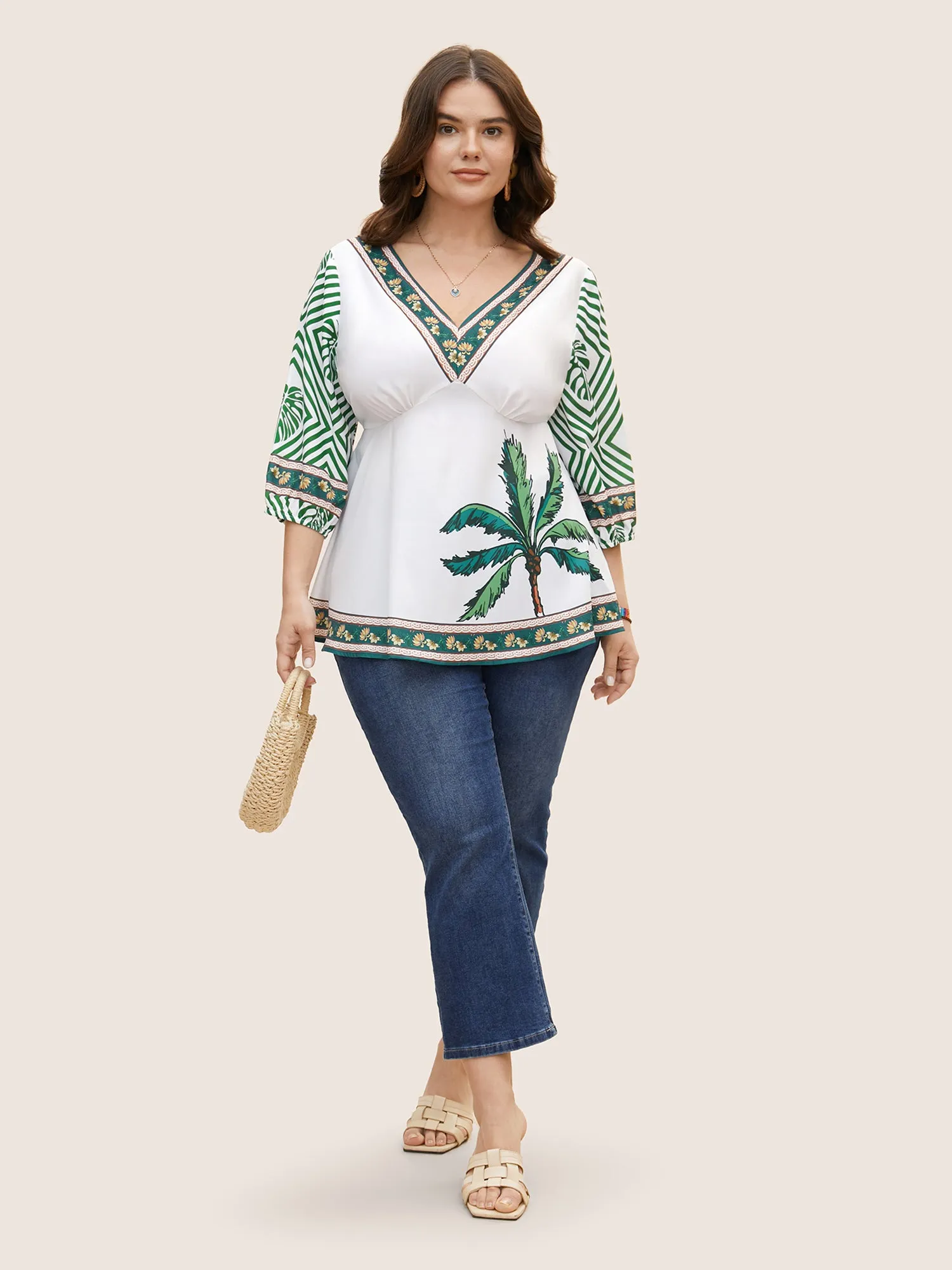 Boho Coconut Tree Print Lantern Sleeve Blouse sold by Bloomchic product image thumbnail 2
