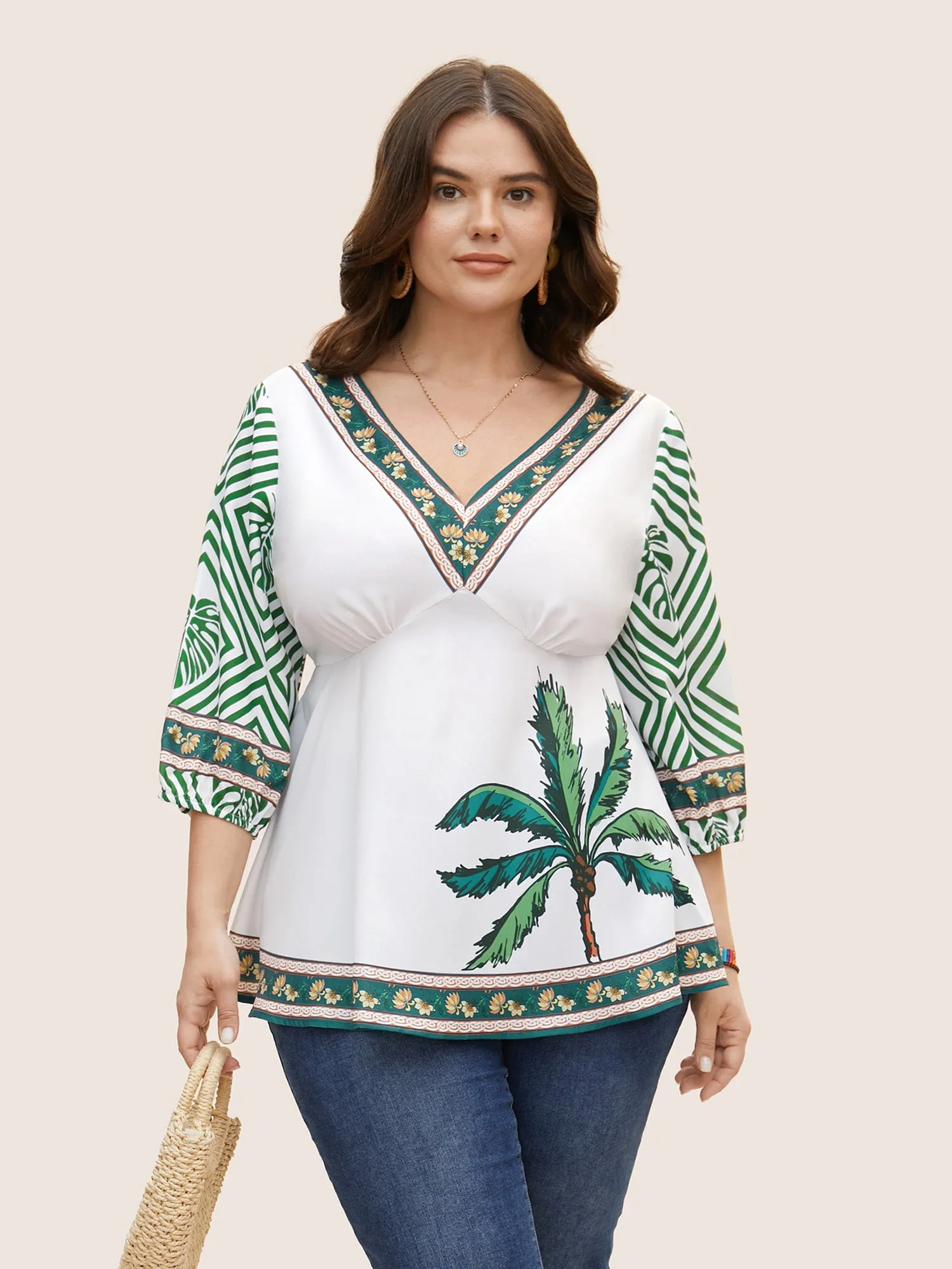Boho Coconut Tree Print Lantern Sleeve Blouse sold by Bloomchic