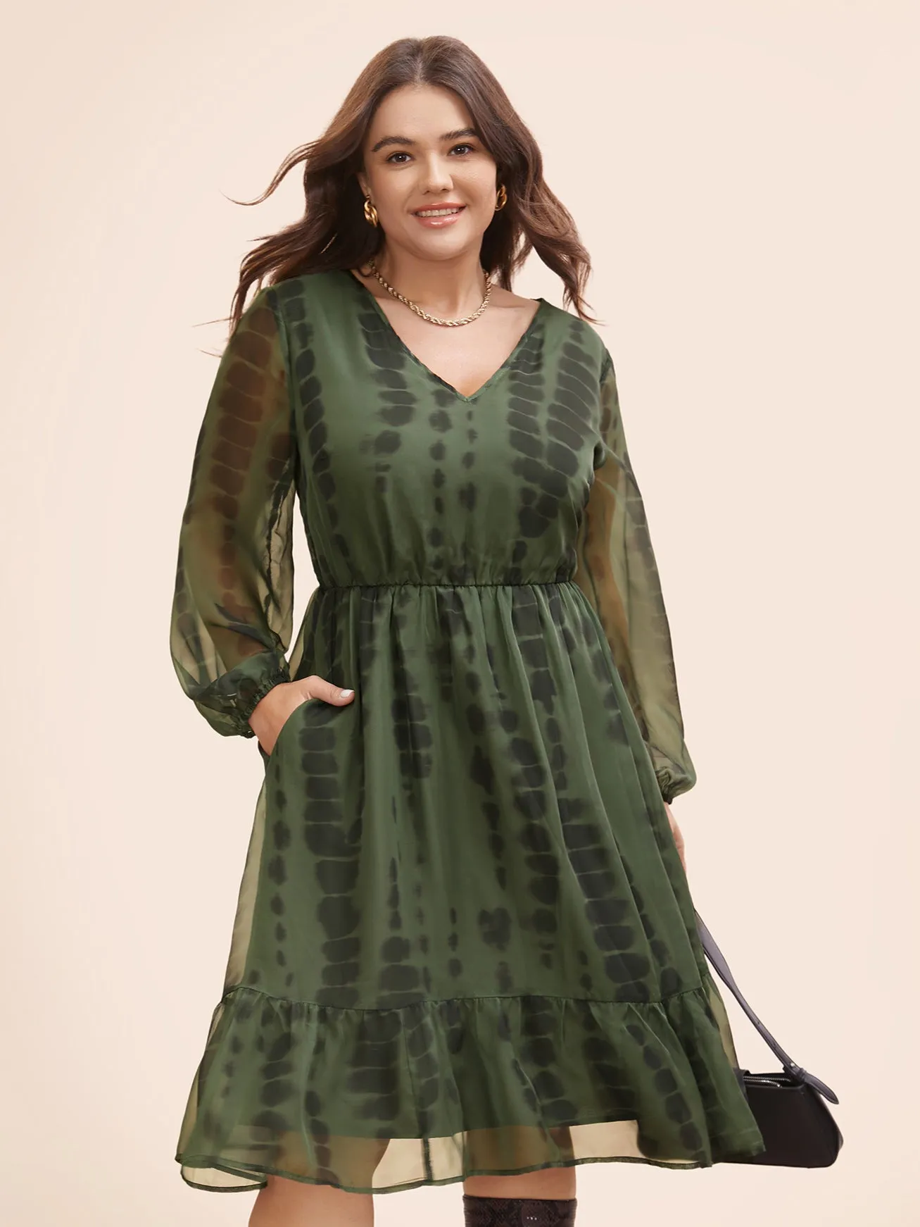 Geometric Mesh Lantern Sleeve Midi Dress sold by Bloomchic