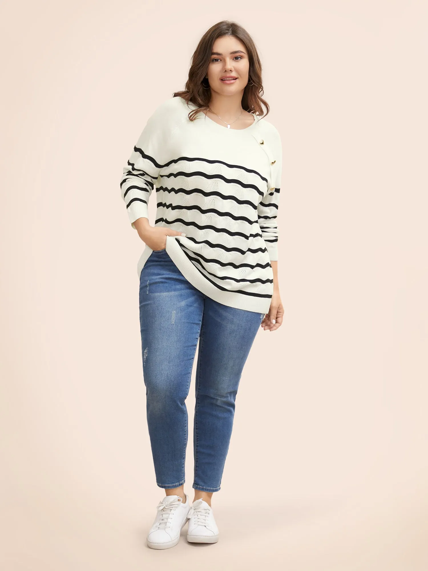 Striped Raglan Sleeve Button Detail Pullover sold by Bloomchic product image thumbnail 3