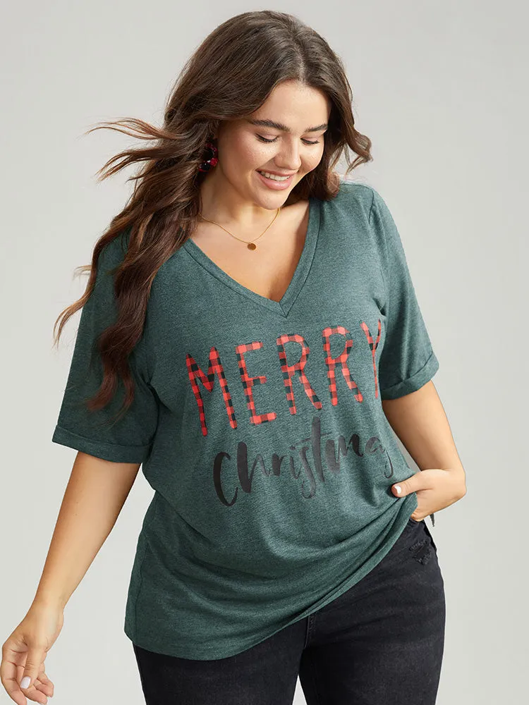 Christmas Gingham Patchwork V Neck T-shirt sold by Bloomchic