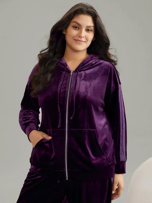 Lace Panel Hooded Velvet Zipper Sleep Top sold by Bloomchic