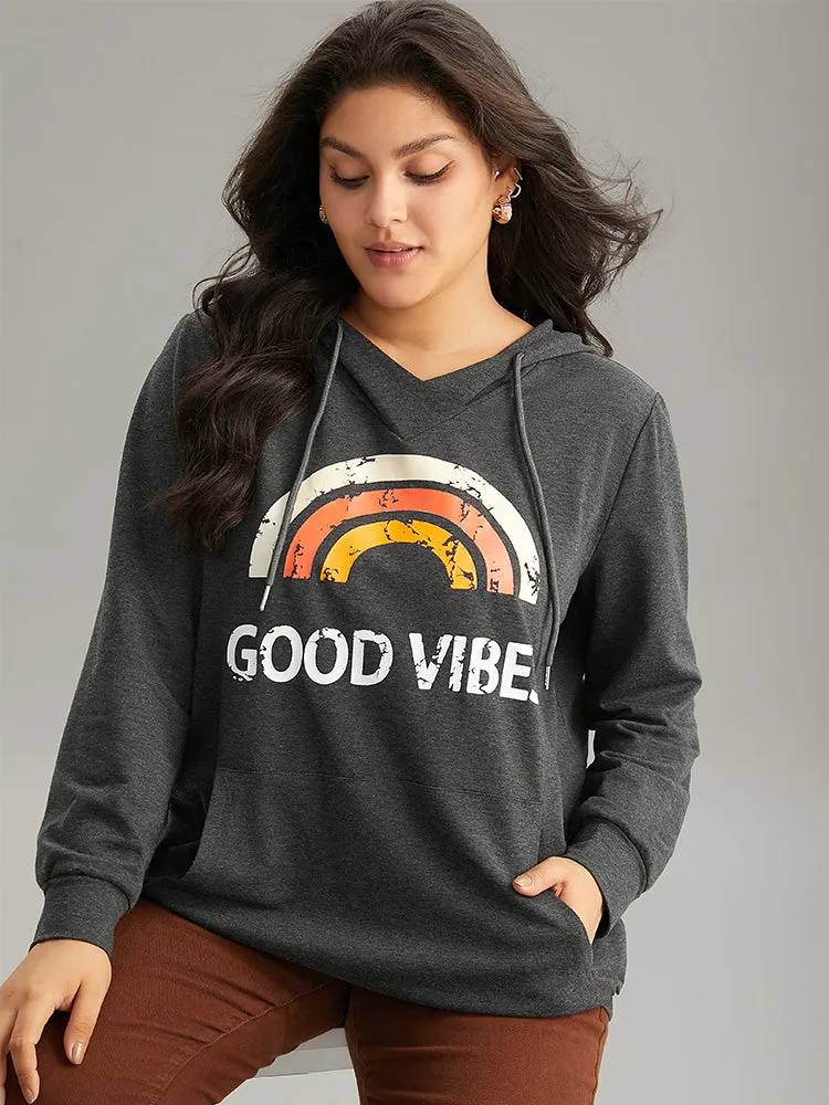 Rainbow Print Kangaroo Pocket Hooded Sweatshirt sold by Bloomchic