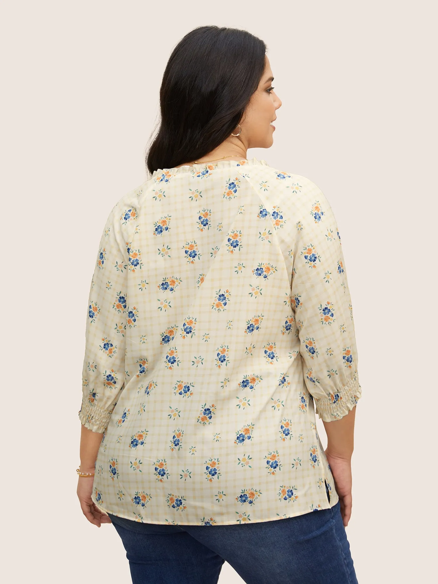 Boho Print Notched Frill Trim Shirred Blouse sold by Bloomchic product image thumbnail 3