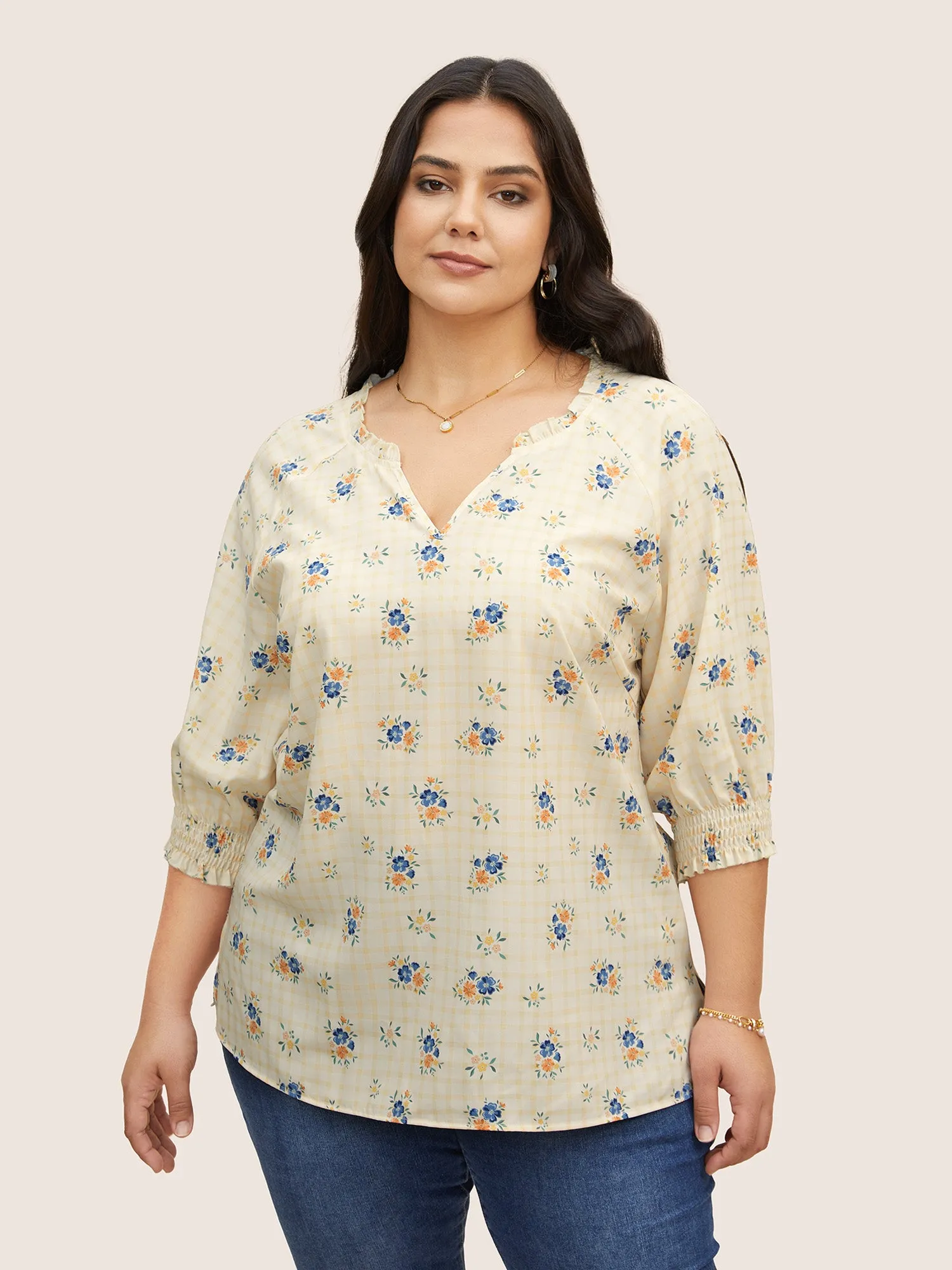 Boho Print Notched Frill Trim Shirred Blouse sold by Bloomchic