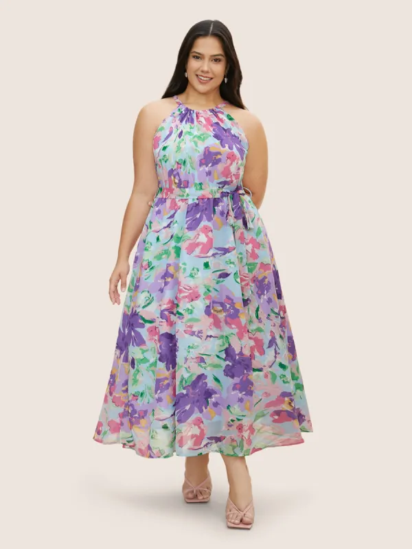 Halter Neck Watercolor Floral Belted Dress sold by Bloomchic