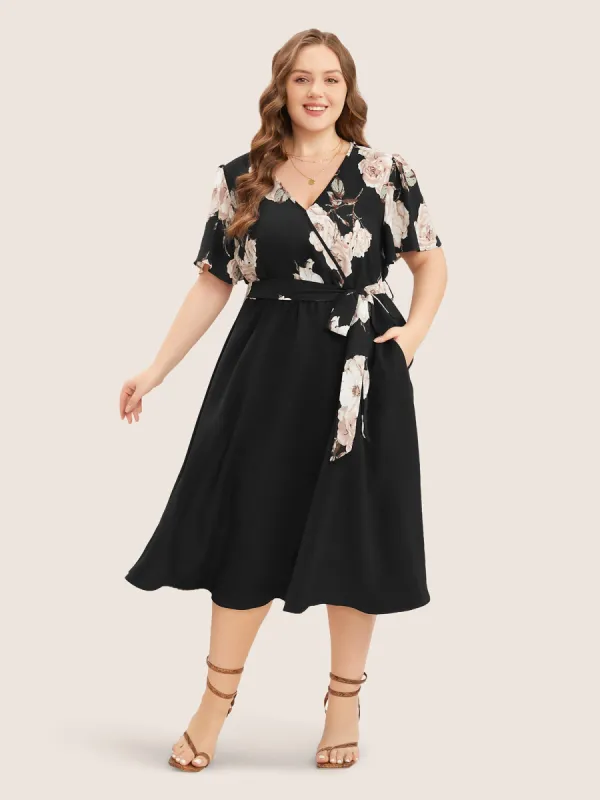 Floral Printed Pocket Ruffles Surplice Neck Belted Midi Dress sold by Bloomchic