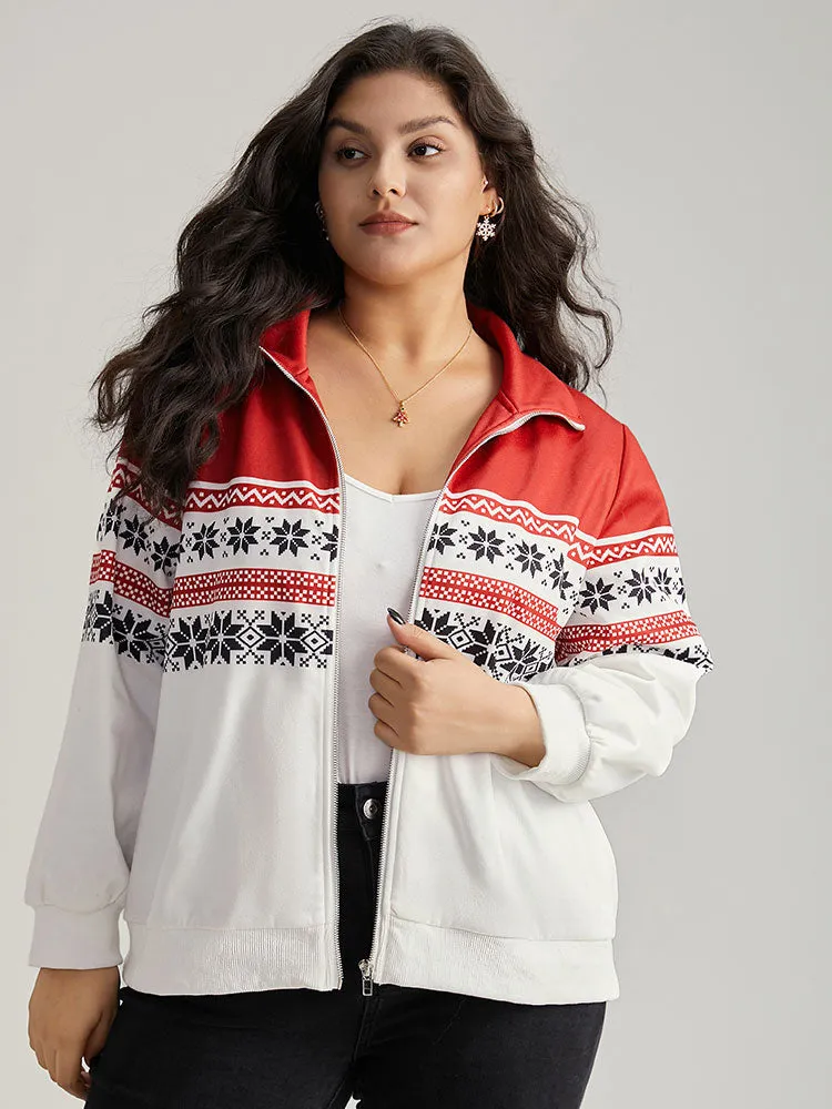 Christmas Snowflake Zipper Contrast Jacket sold by Bloomchic
