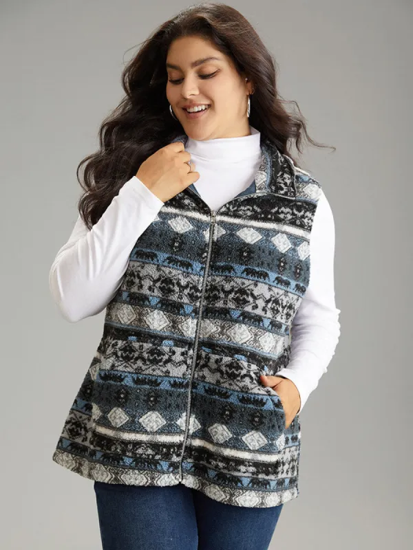 Geometric Bandana Print Zipper Fluffy Vest sold by Bloomchic