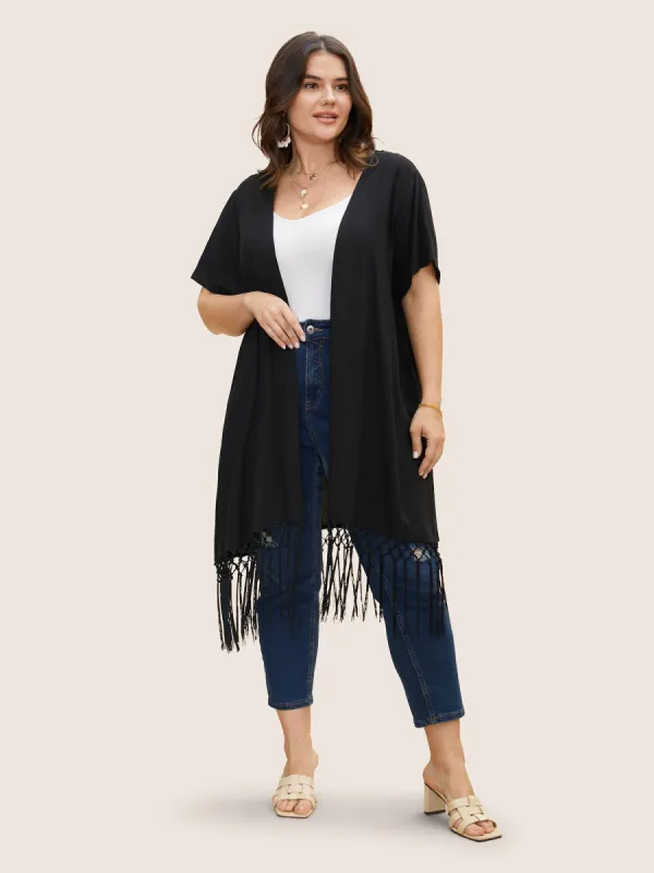 Crocheted Cut Out Tassel Trim Kimono sold by Bloomchic