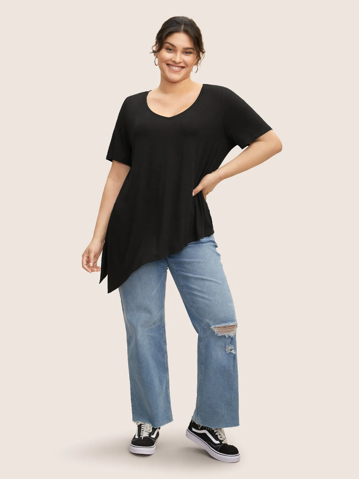 Supersoft Essentials Solid Asymmetrical Split Hem T-shirt sold by Bloomchic product image thumbnail 3