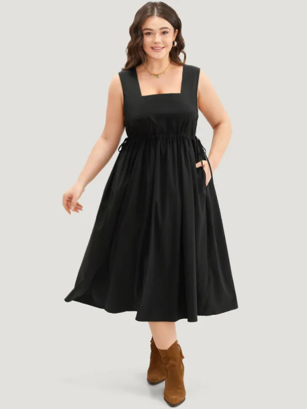 Solid Pocket Drawstring Gathered Sleeveless Dress sold by Bloomchic