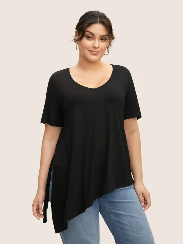 Supersoft Essentials Solid Asymmetrical Split Hem T-shirt sold by Bloomchic