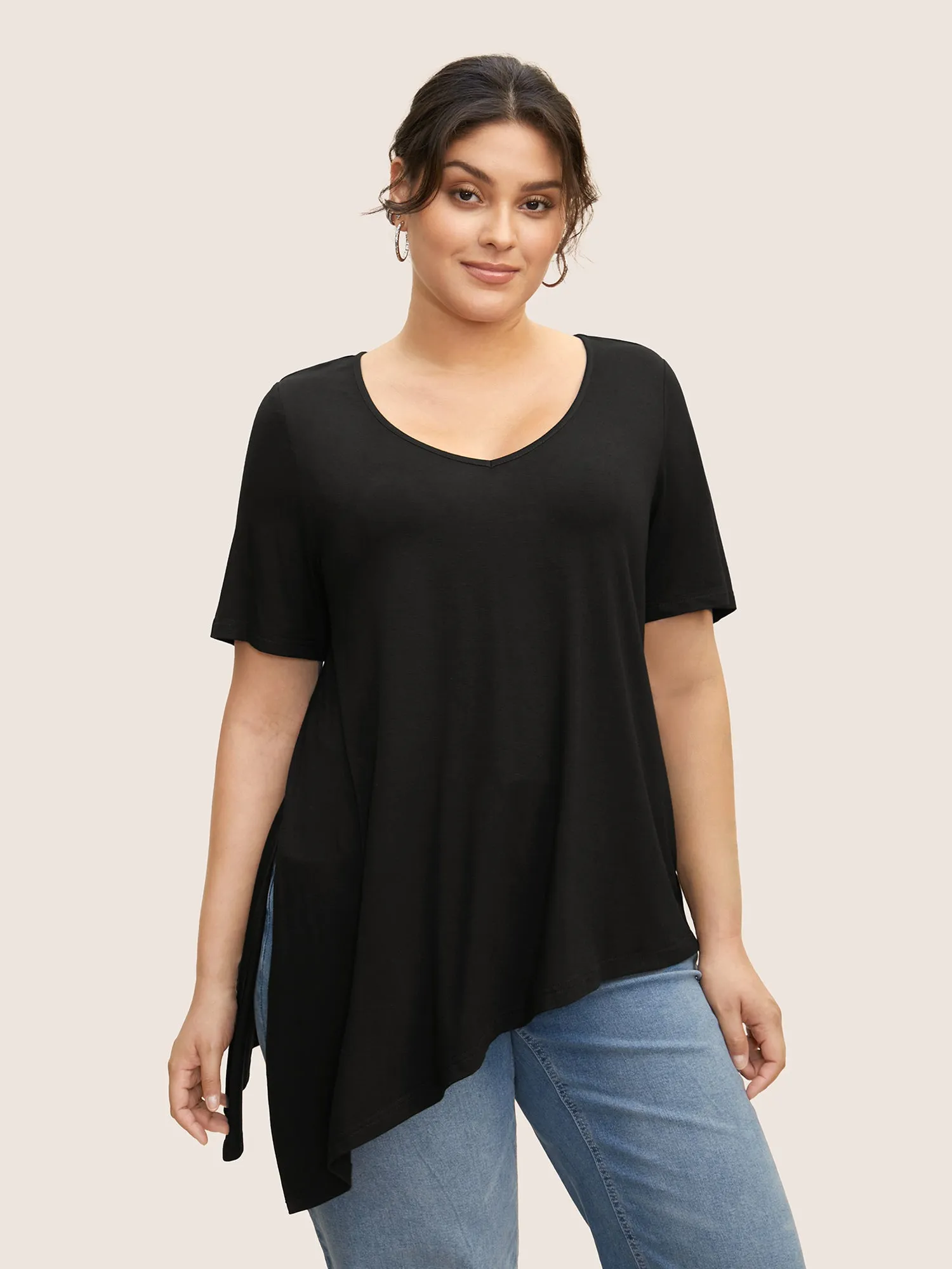 Supersoft Essentials Solid Asymmetrical Split Hem T-shirt sold by Bloomchic