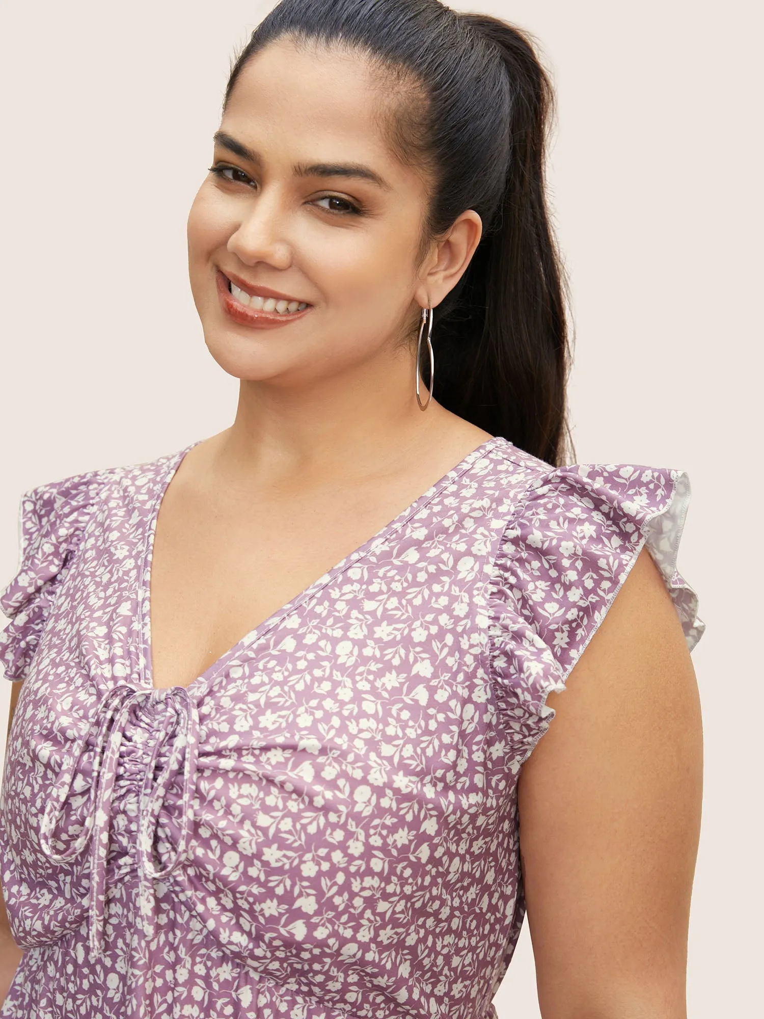 Ditsy Floral Drawstring Ruffle Cap Sleeve Dress sold by Bloomchic product image thumbnail 3