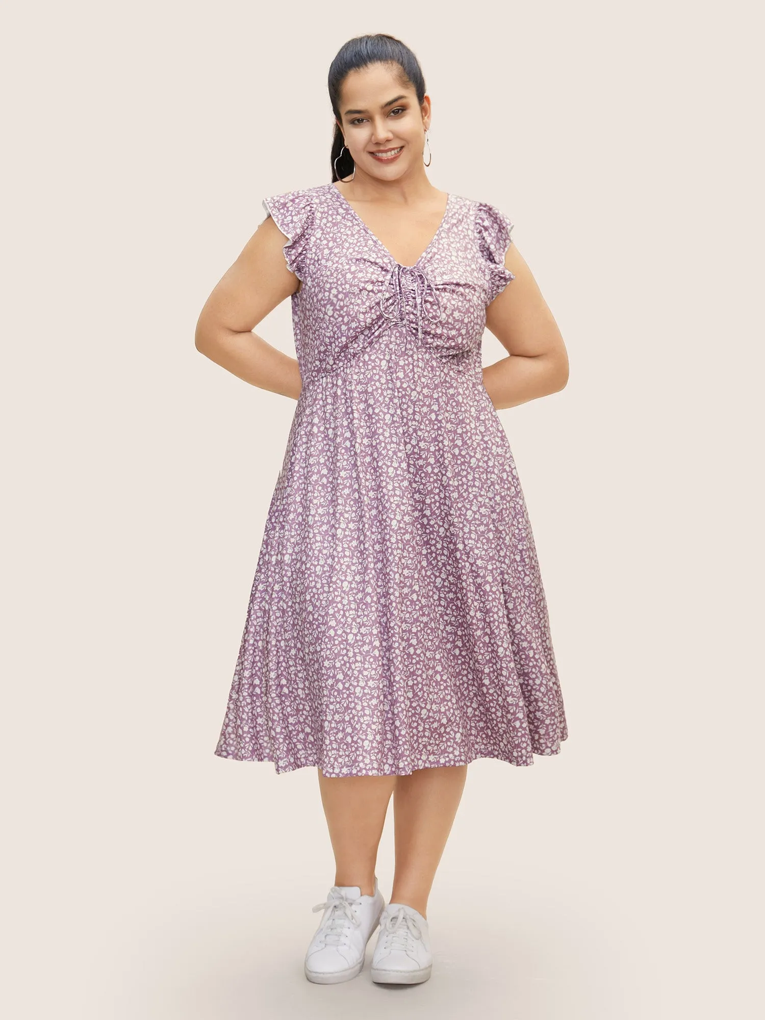 Ditsy Floral Drawstring Ruffle Cap Sleeve Dress sold by Bloomchic