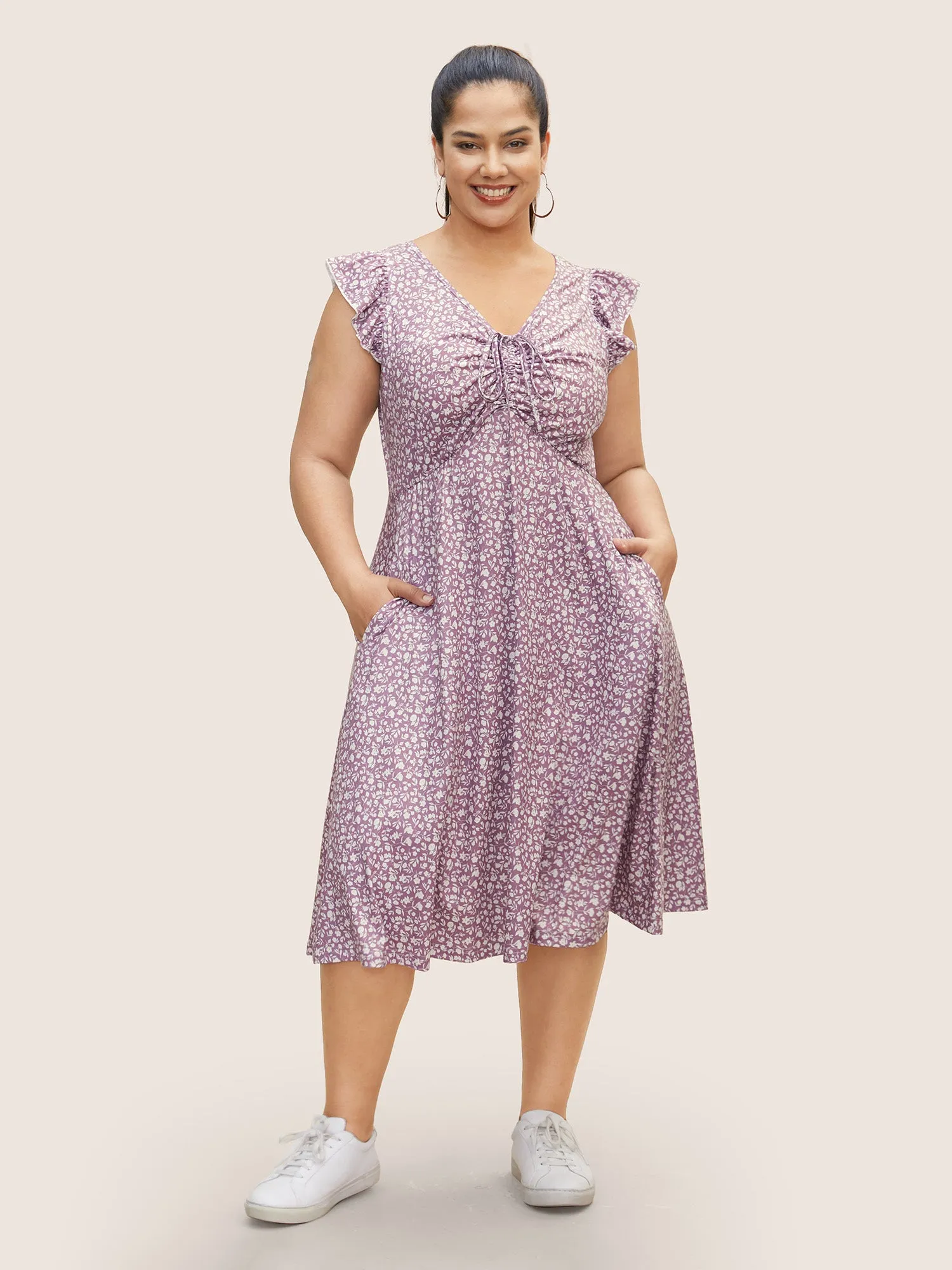 Ditsy Floral Drawstring Ruffle Cap Sleeve Dress sold by Bloomchic product image thumbnail 2