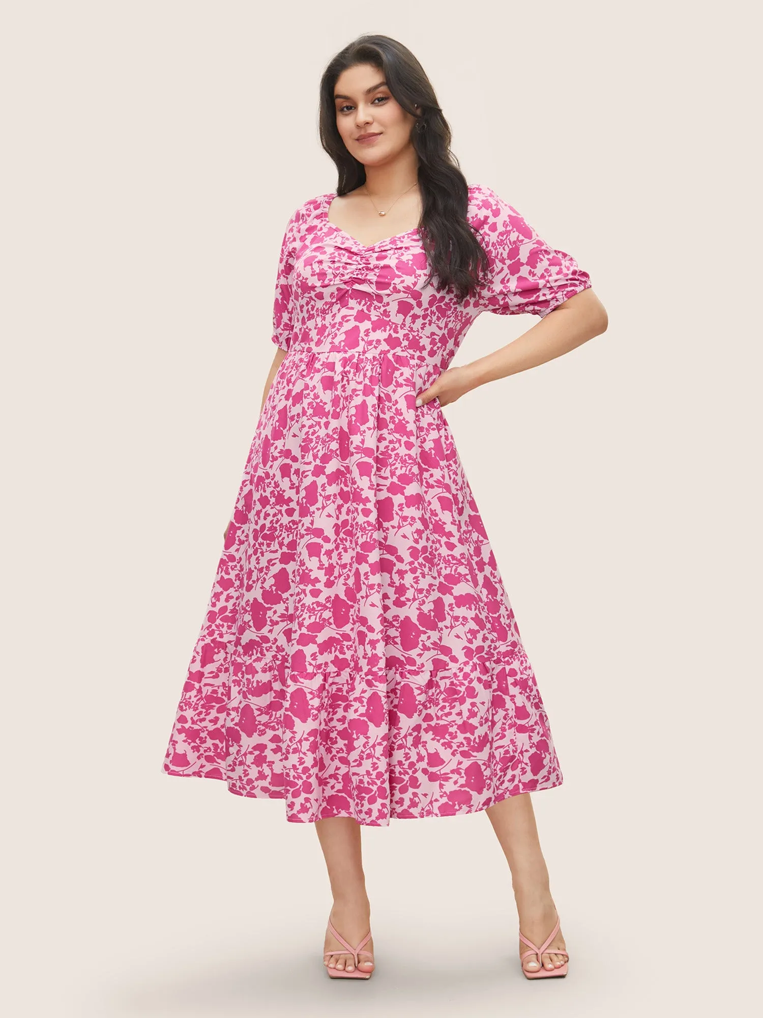 Silhouette Floral Print Ruched Lantern Sleeve Dress sold by Bloomchic product image thumbnail 2