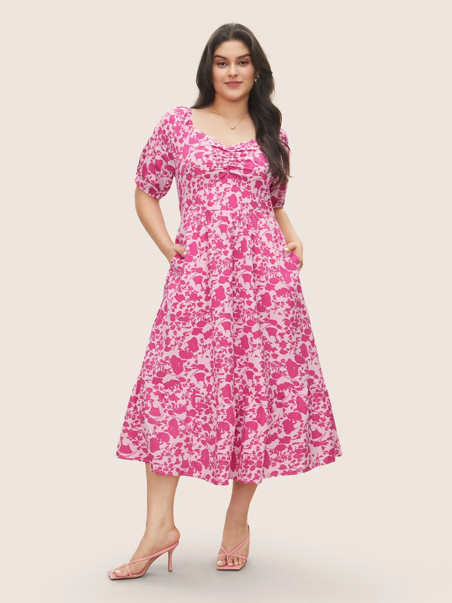 Silhouette Floral Print Ruched Lantern Sleeve Dress sold by Bloomchic