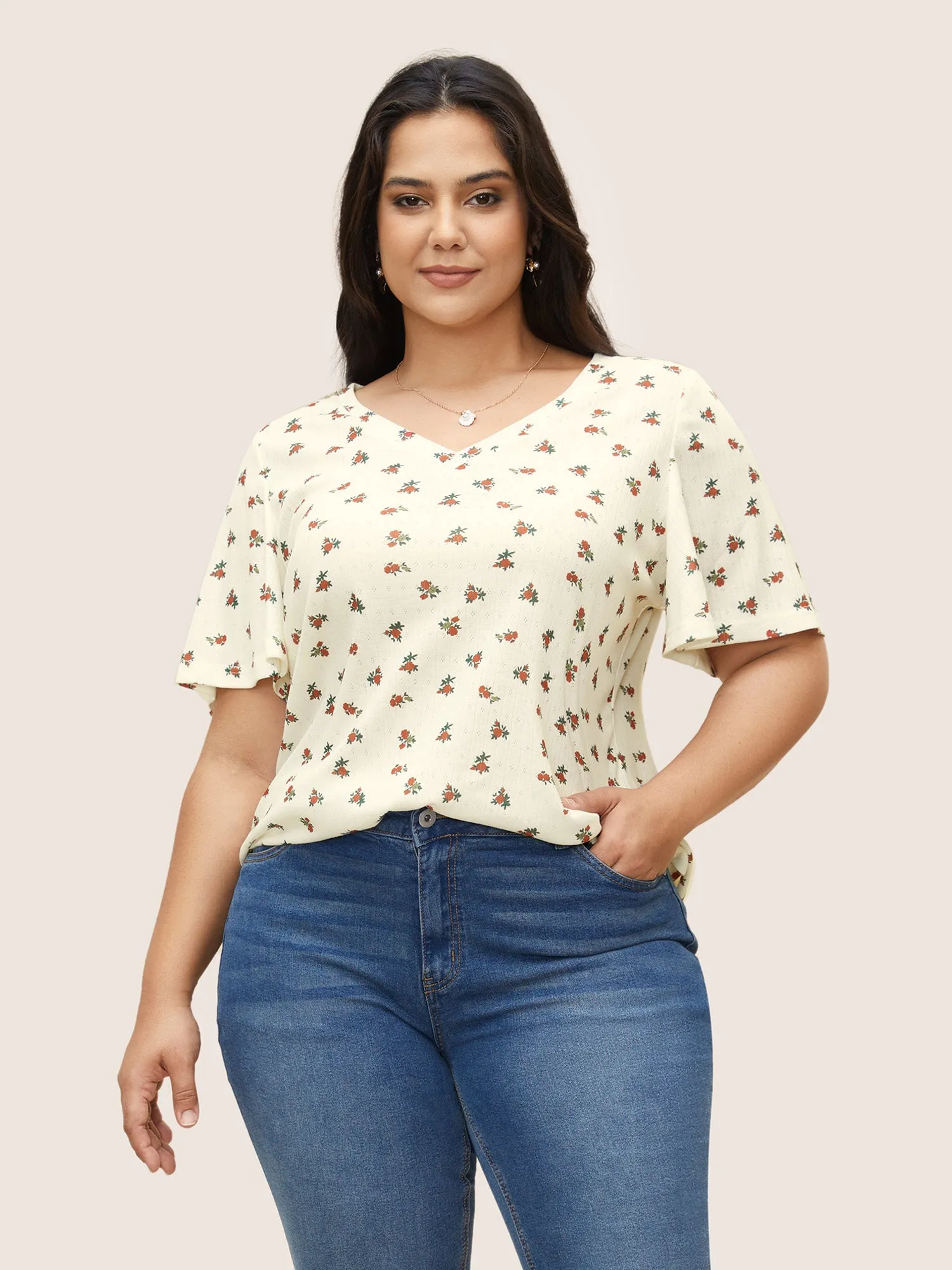 Natural Flowers V Neck Flutter Sleeve T-shirt sold by Bloomchic