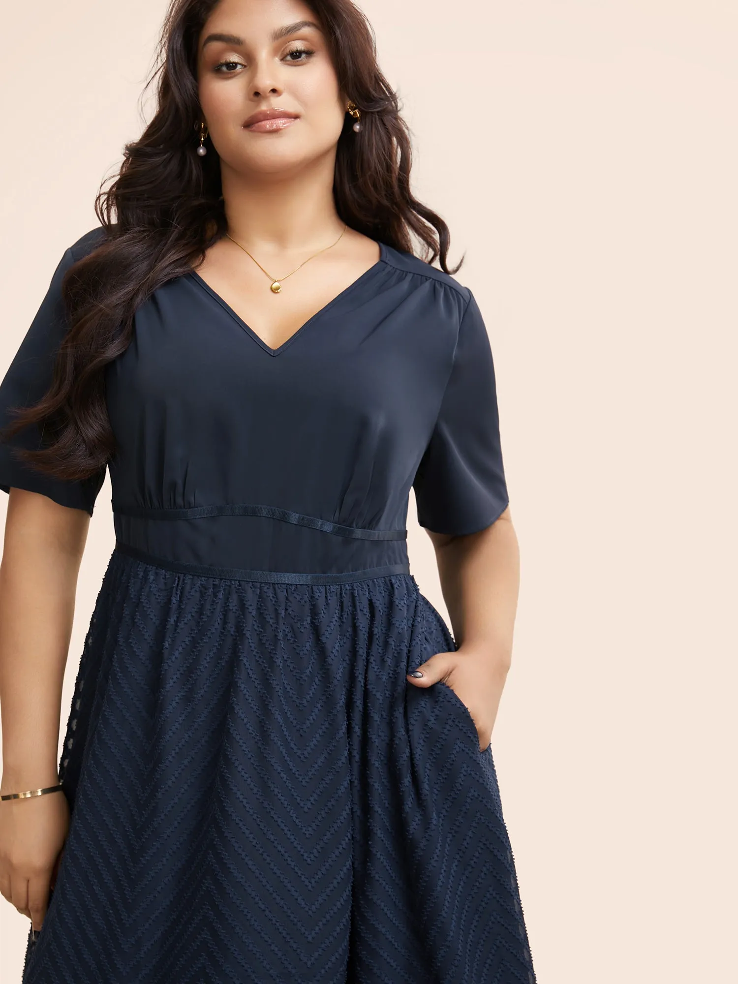 Chiffon Patchwork Contrast Webbing Midi Dress sold by Bloomchic product image thumbnail 3