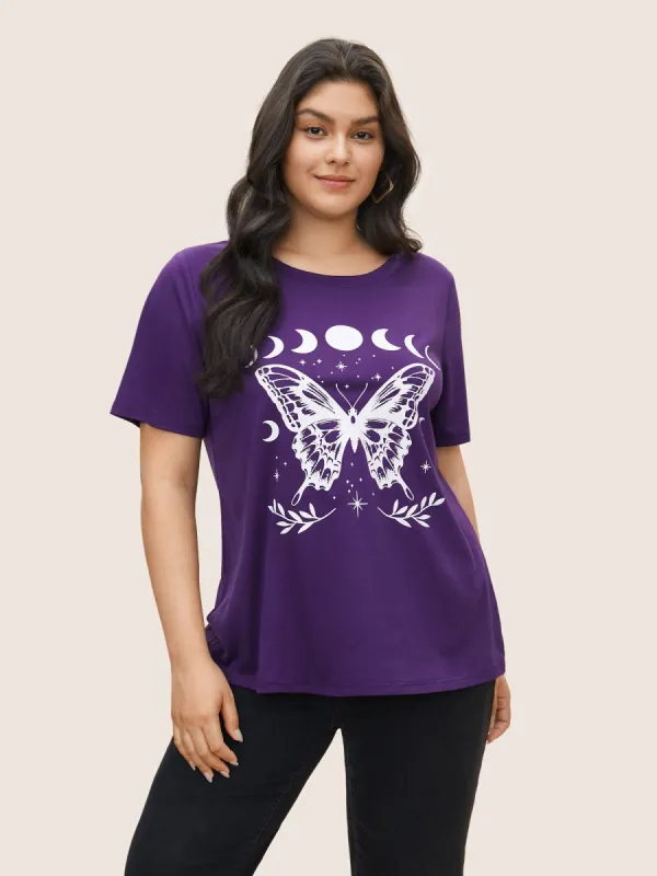 Butterfly & Moon Print Round Neck T-shirt sold by Bloomchic