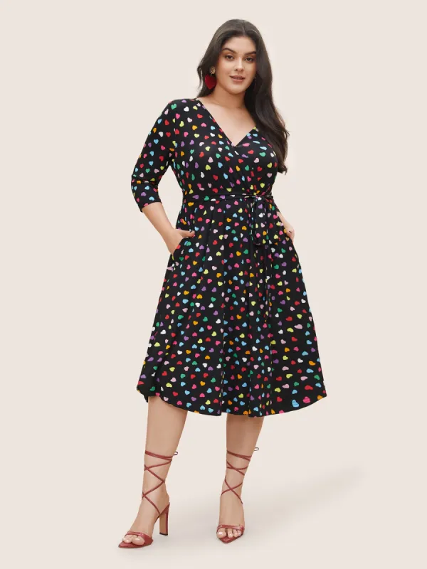 Colored Heart Print Belted Overlap Collar Dress sold by Bloomchic