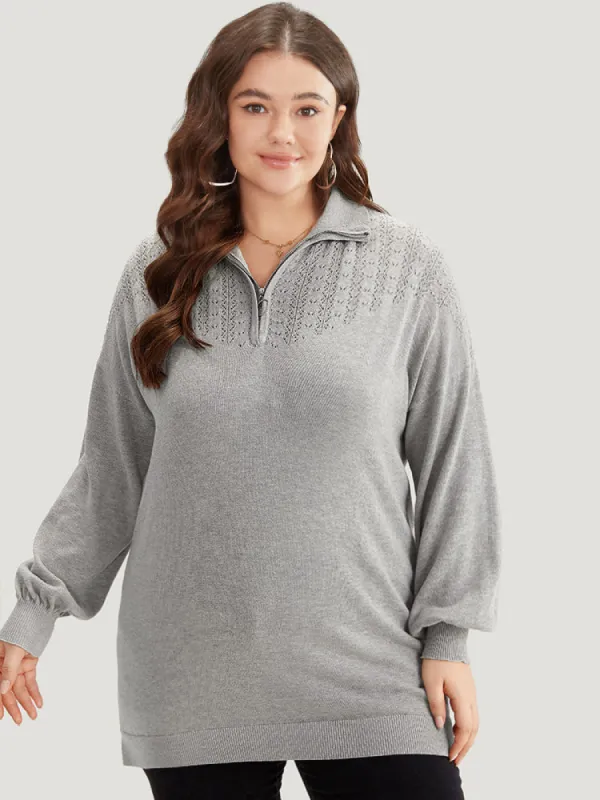 Plain Lapel Collar Plisse Zipper Pullover sold by Bloomchic