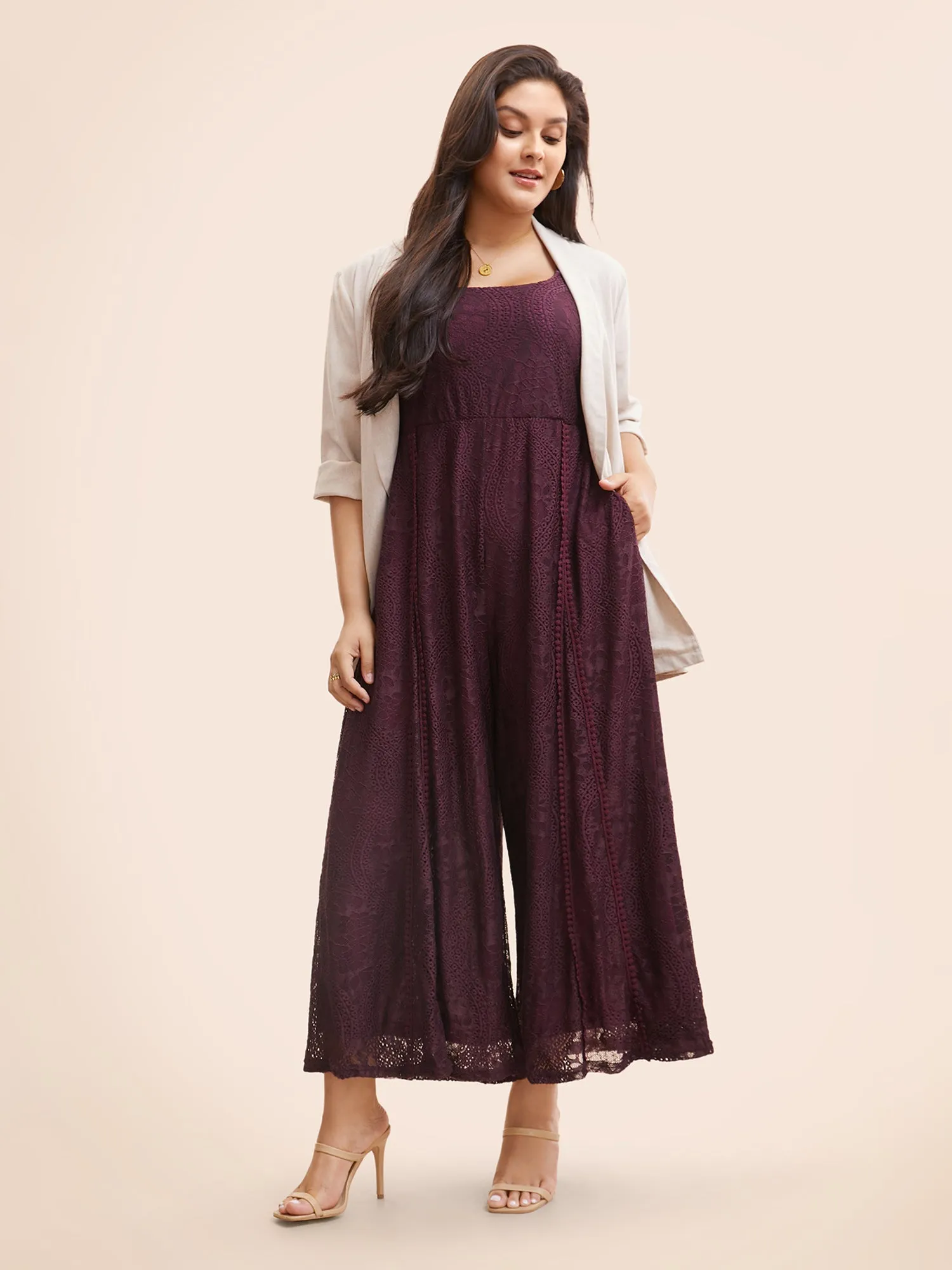 Square Neck Lace Panel Gathered Jumpsuit sold by Bloomchic product image thumbnail 3