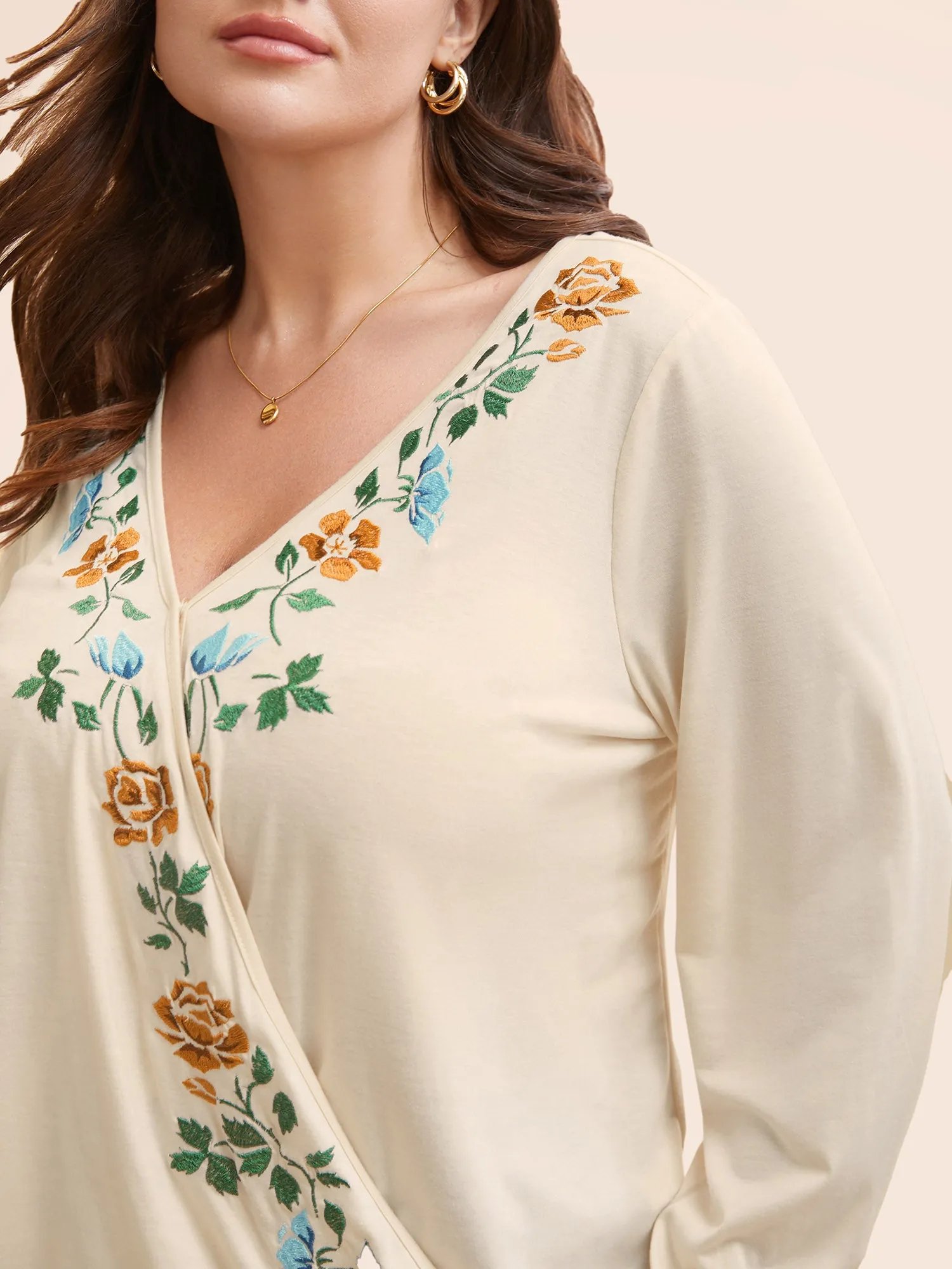 Overlap Collar Floral Embroidered Lantern Sleeve T-shirt sold by Bloomchic product image thumbnail 3