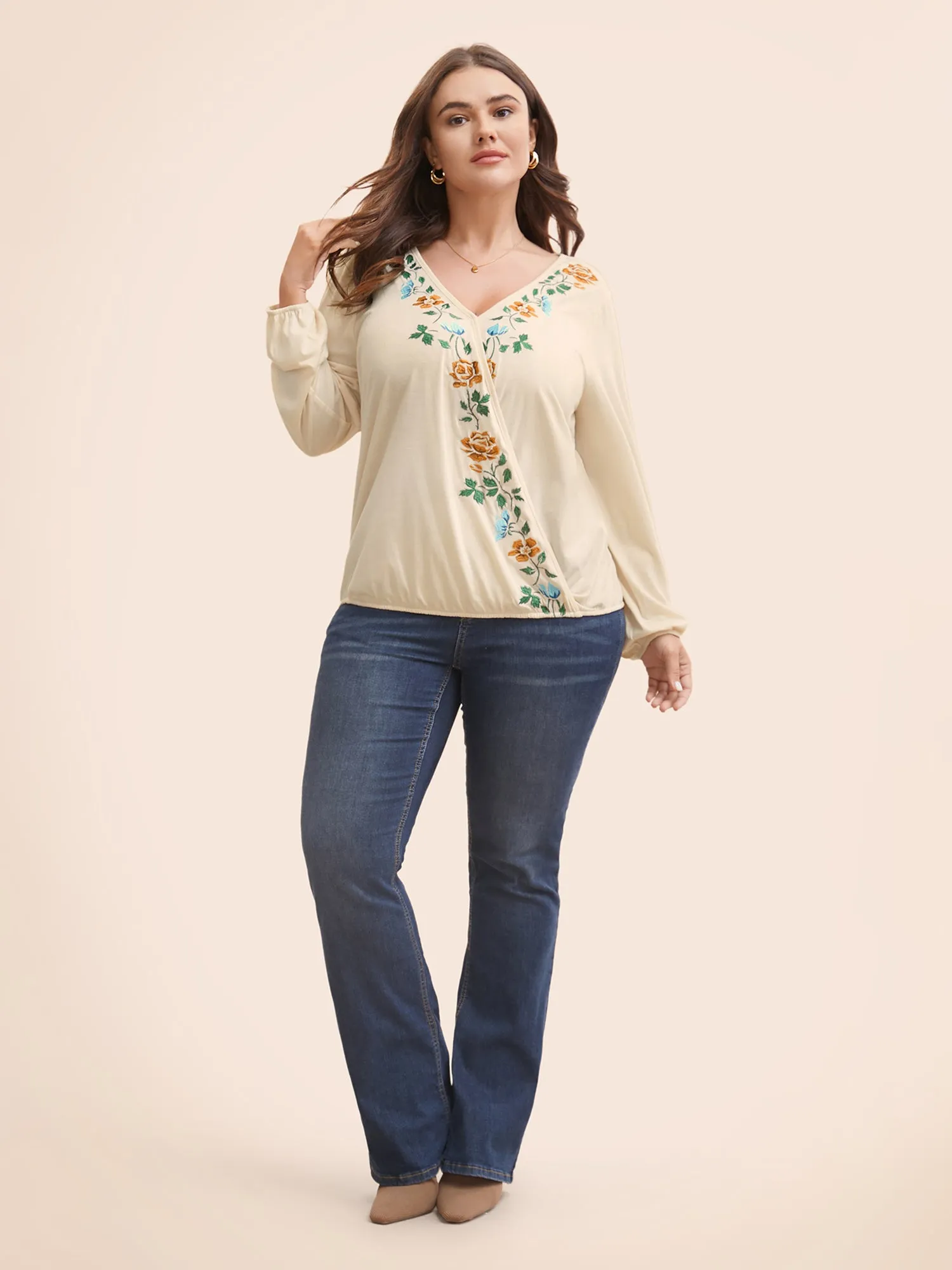 Overlap Collar Floral Embroidered Lantern Sleeve T-shirt sold by Bloomchic product image thumbnail 2
