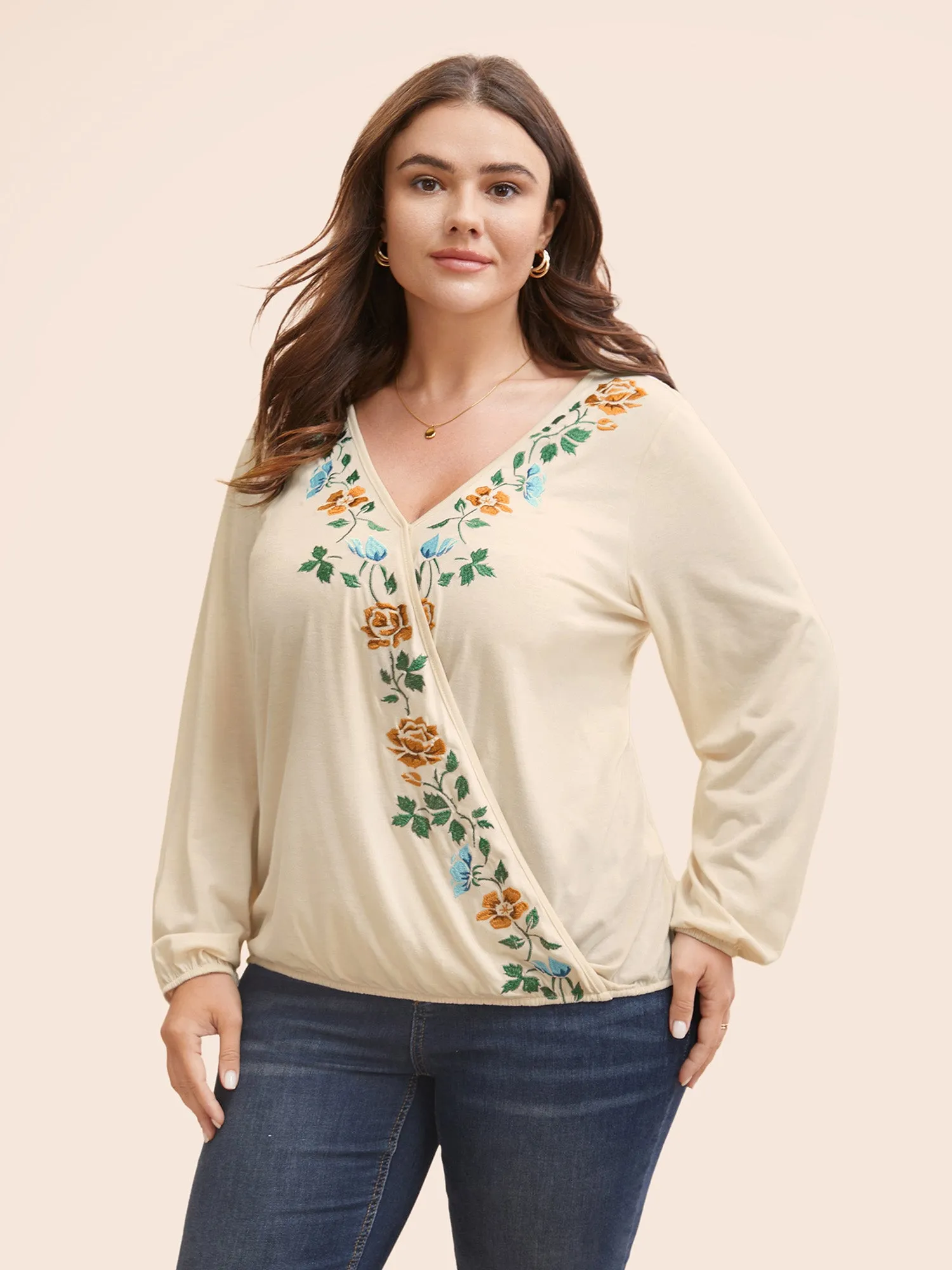 Overlap Collar Floral Embroidered Lantern Sleeve T-shirt sold by Bloomchic