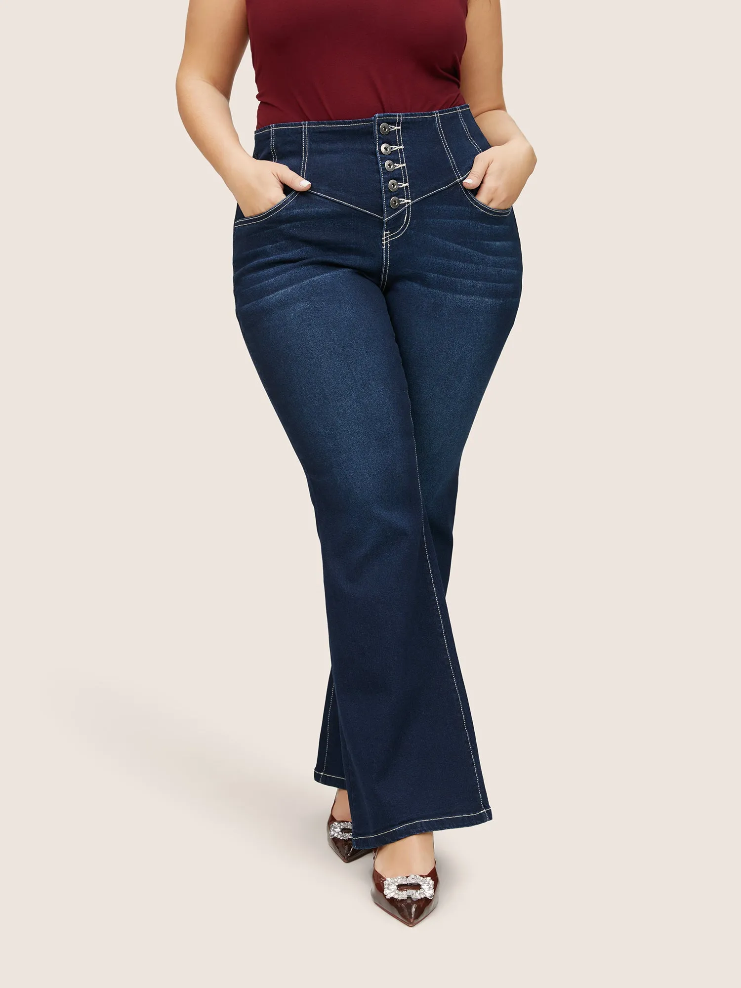 Dark Wash Button Fly Seam Detail Flare Leg Jeans sold by Bloomchic product image thumbnail 3