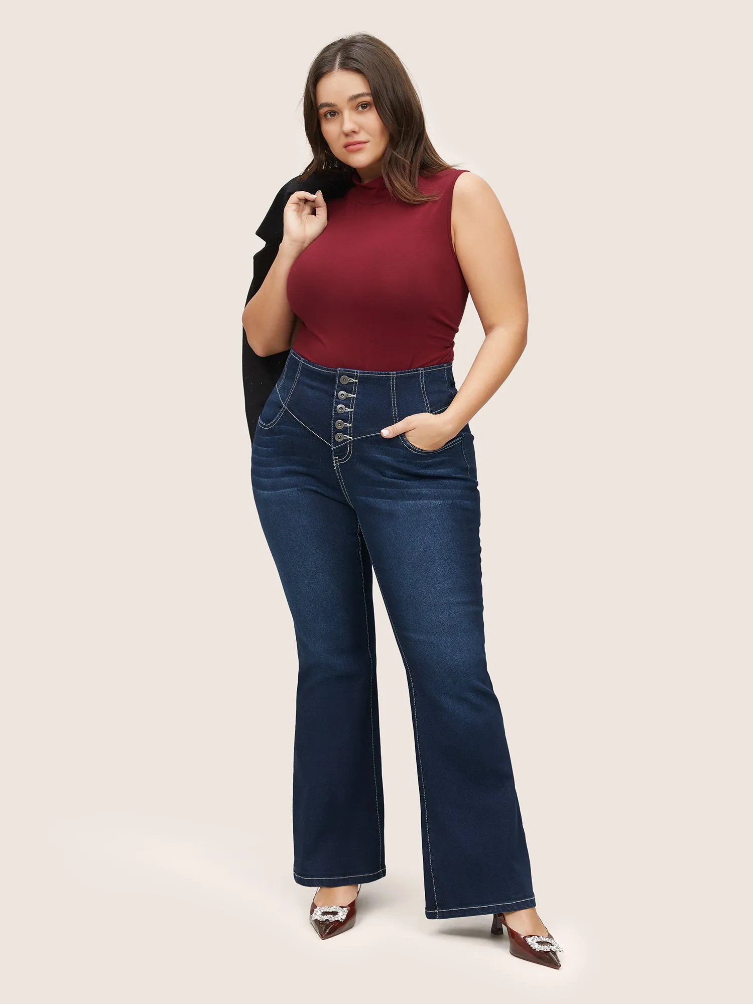 Dark Wash Button Fly Seam Detail Flare Leg Jeans sold by Bloomchic product image thumbnail 2