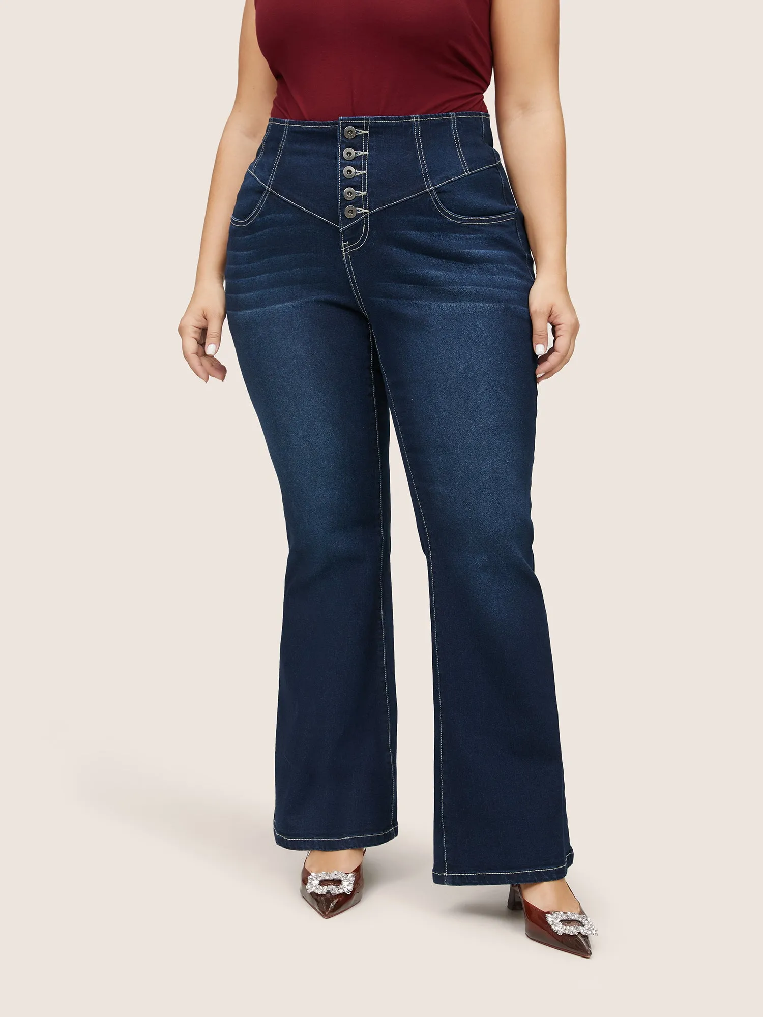 Dark Wash Button Fly Seam Detail Flare Leg Jeans sold by Bloomchic