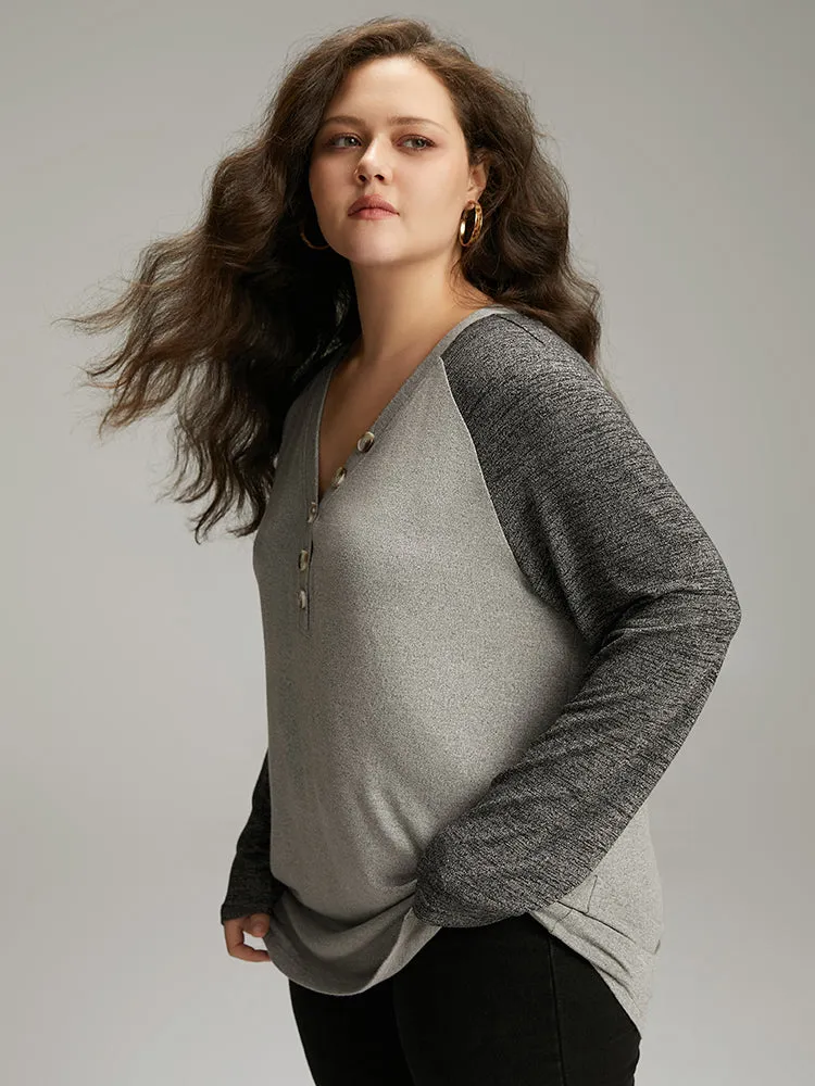 Contrast Button Detail Raglan Sleeve T-shirt sold by Bloomchic