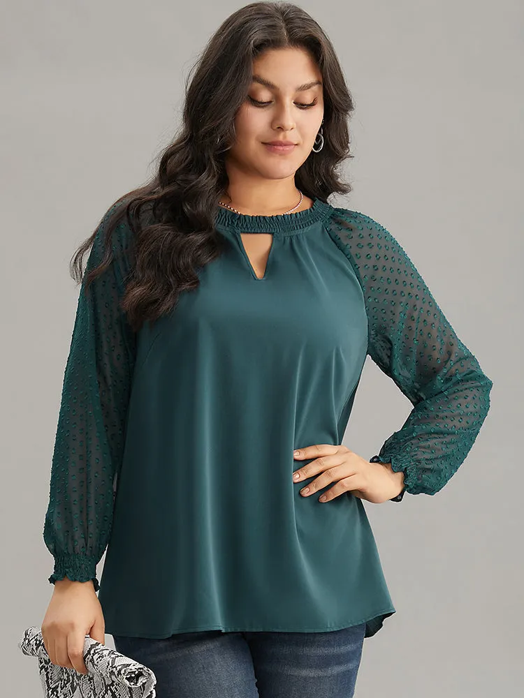 Static-Free Solid Shirred Mesh Texture Keyhole Blouse sold by Bloomchic