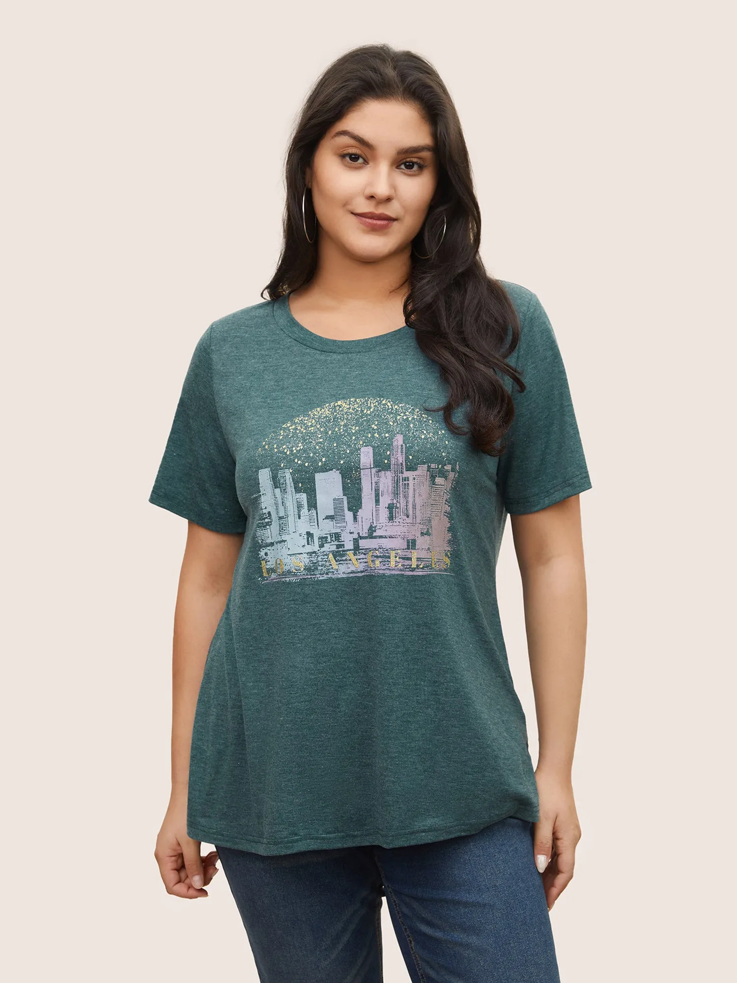 Solid Heather City Print Crew Neck T-shirt sold by Bloomchic