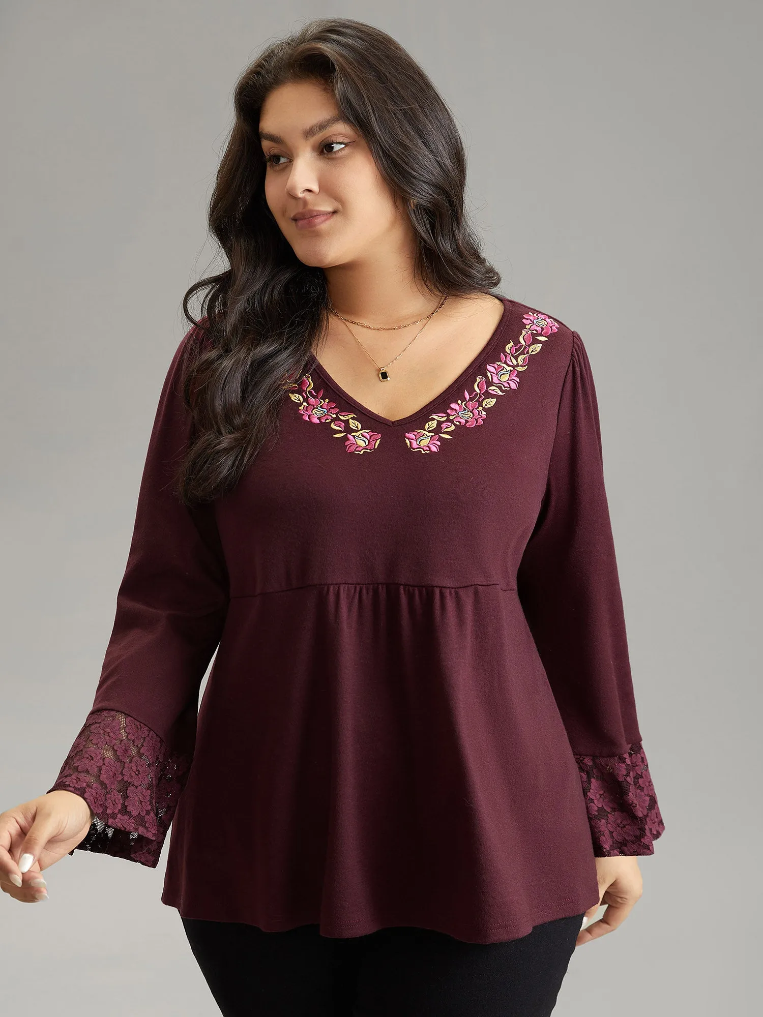 Floral Embroidered Lace Panel Bell Sleeve T-shirt sold by Bloomchic product image thumbnail 3