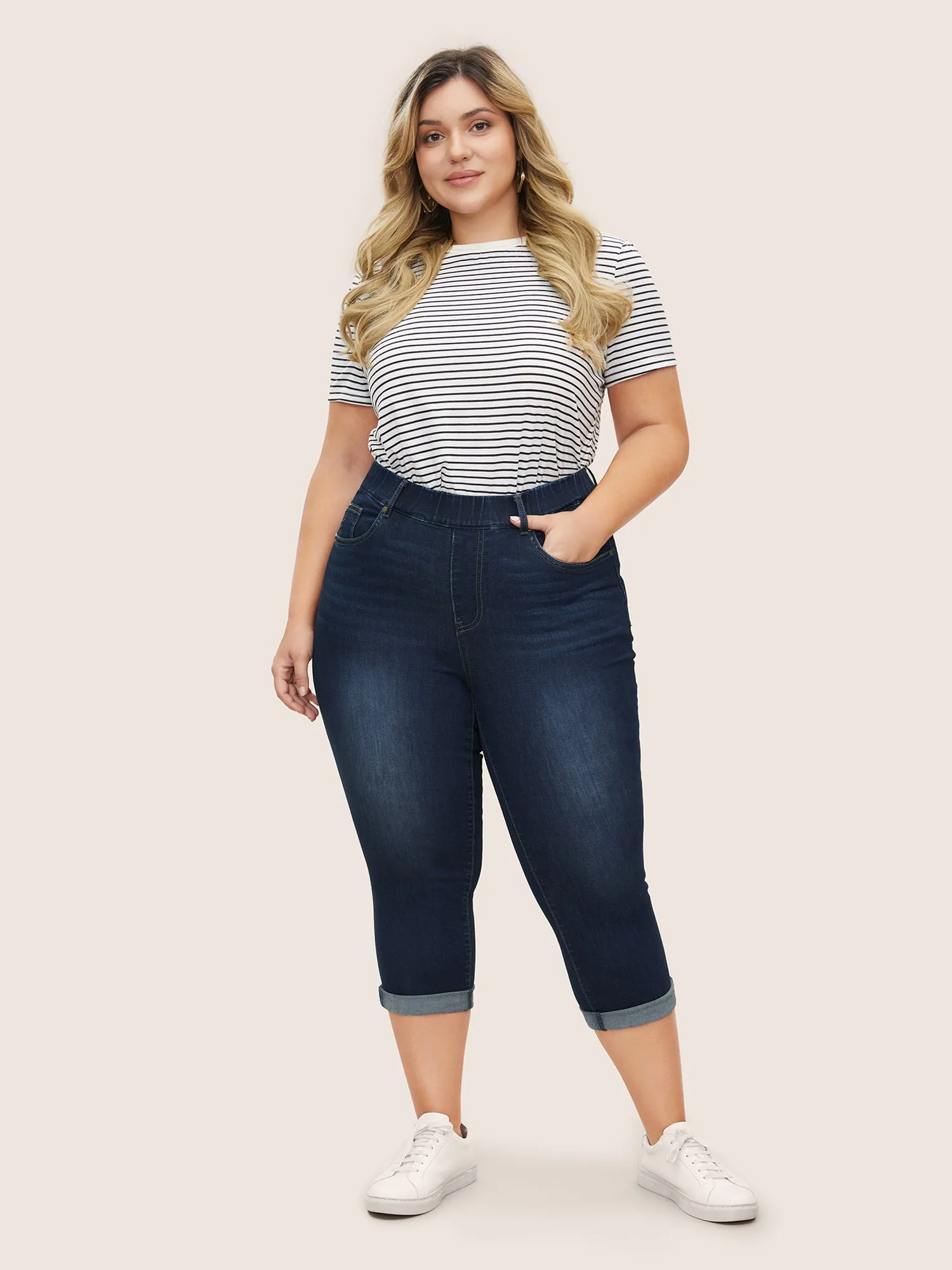 Dark Wash Elastic Waist Roll Hem Jeans sold by Bloomchic product image thumbnail 3