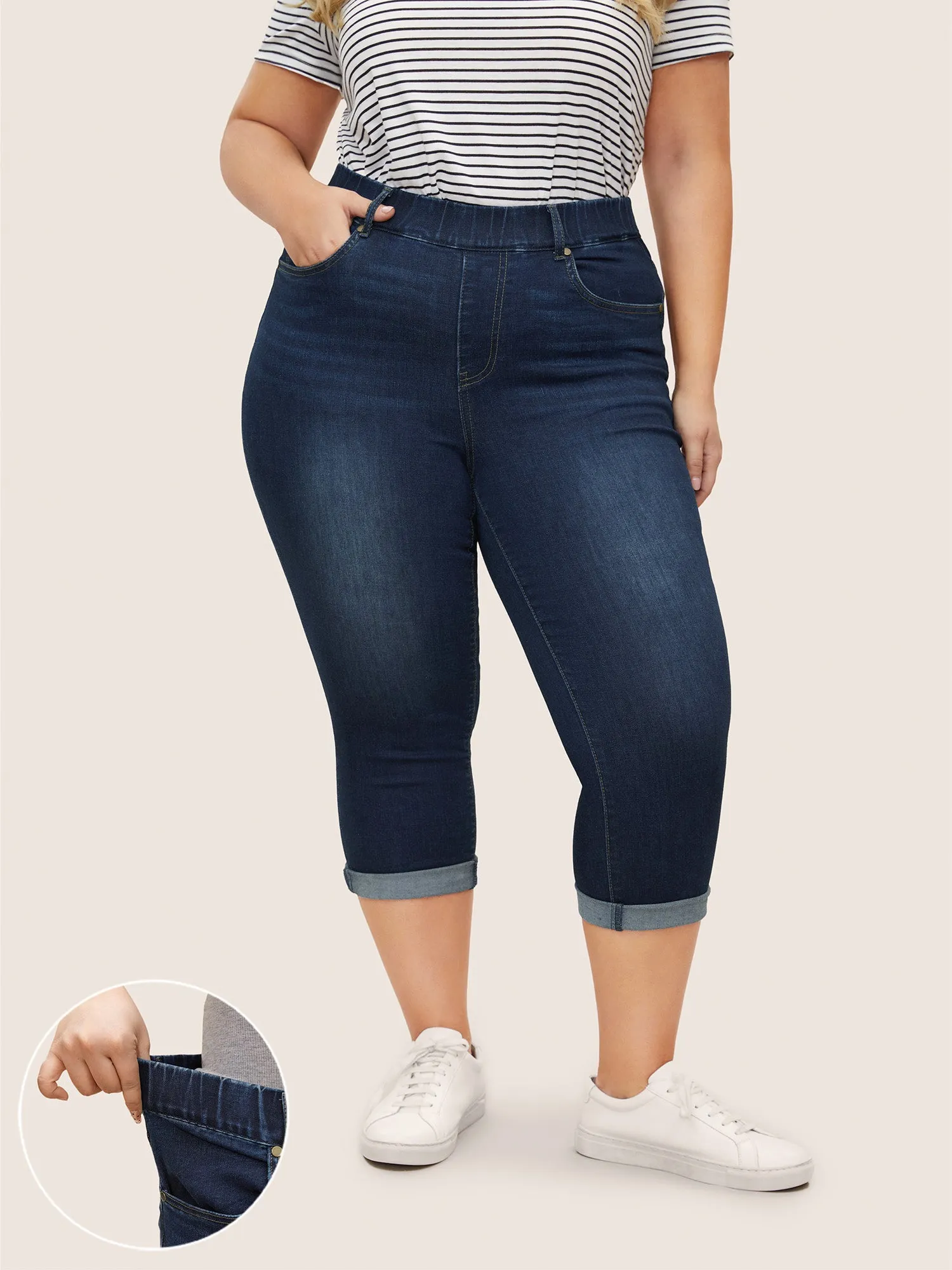 Dark Wash Elastic Waist Roll Hem Jeans sold by Bloomchic